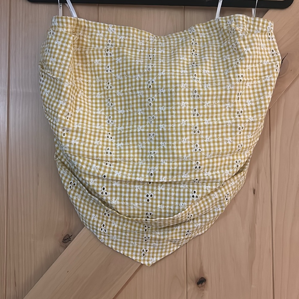 NWT- Lulus Sunny Yellow Gingham Pleated Strapless Top - Size XL